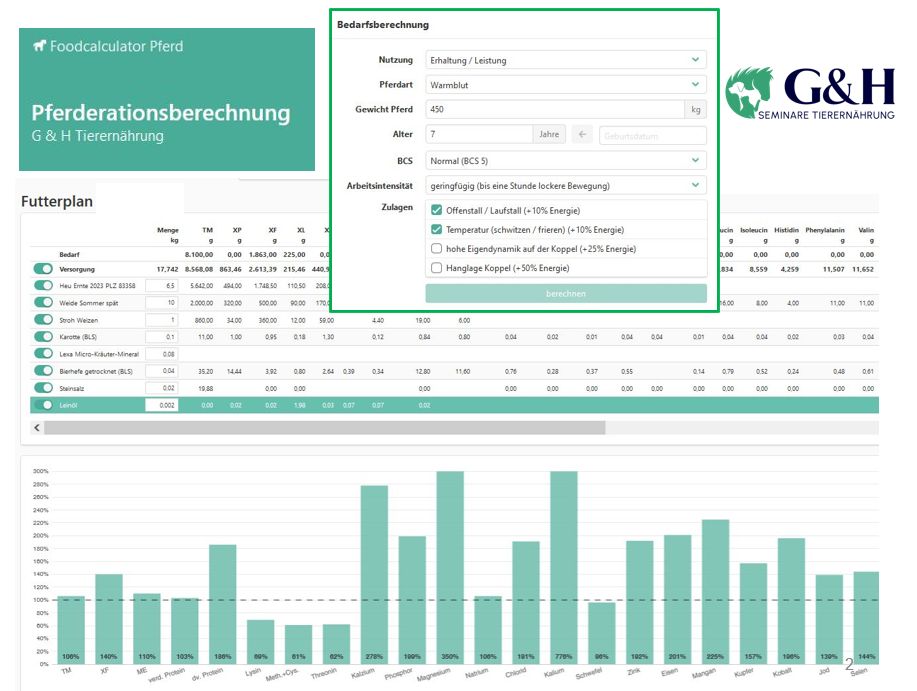Auszug aus dem G&H Rationsrechner Pferd - Beispielsrechnung Pferd mit Tabellen und Diagrammen