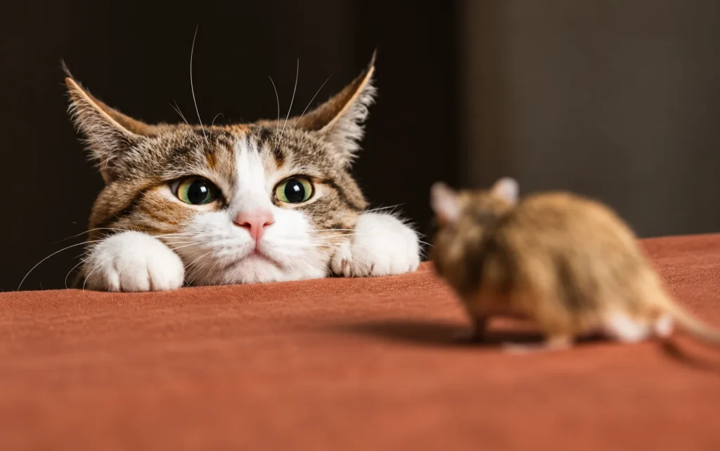 Aufmerksame Katze beobachtet eine Maus als Beispiel für das natürliche Beutetierverhalten