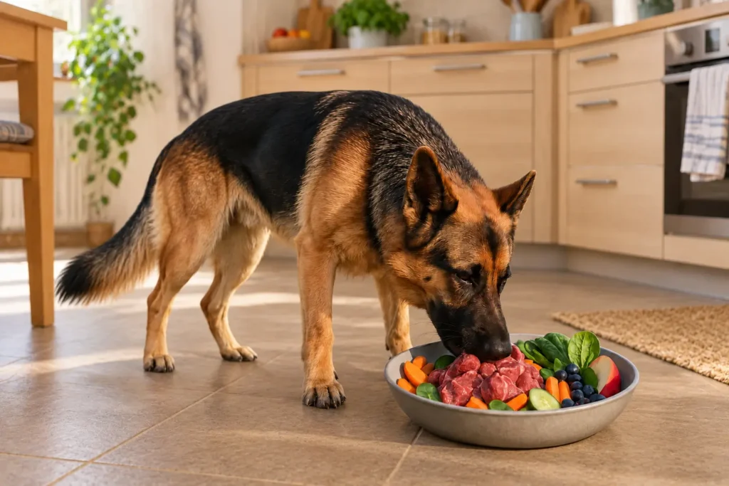 Deutscher Schäferhund frisst eine ausgewogene Frischfutterration mit Fleisch, Gemüse und Obst aus einem Napf in der Küche