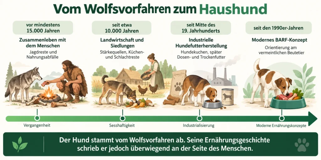 Zeitleiste zur Ernährungsgeschichte des Hundes vom Wolfsvorfahren über menschliche Nahrungsreste und industrielles Hundefutter bis zum modernen BARF-Konzept