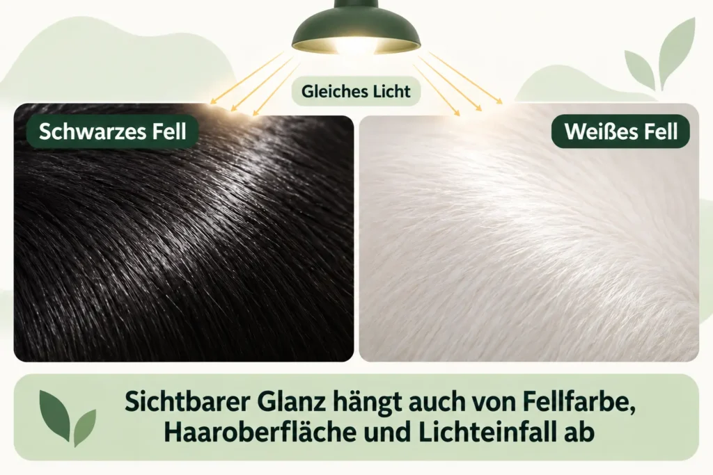 Schwarzes und weißes Fell unter derselben Lichtquelle im Vergleich: Fellfarbe, Haaroberfläche und Lichteinfall beeinflussen den sichtbaren Glanz