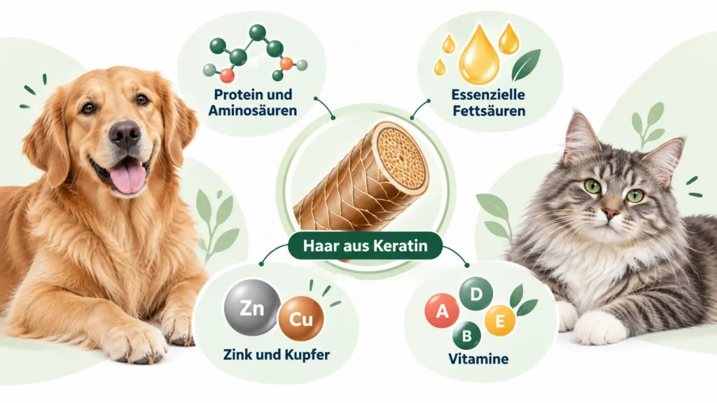Hund und Katze neben einem vereinfachten Haar aus Keratin, umgeben von Protein und Aminosäuren, essenziellen Fettsäuren, Zink, Kupfer und Vitaminen