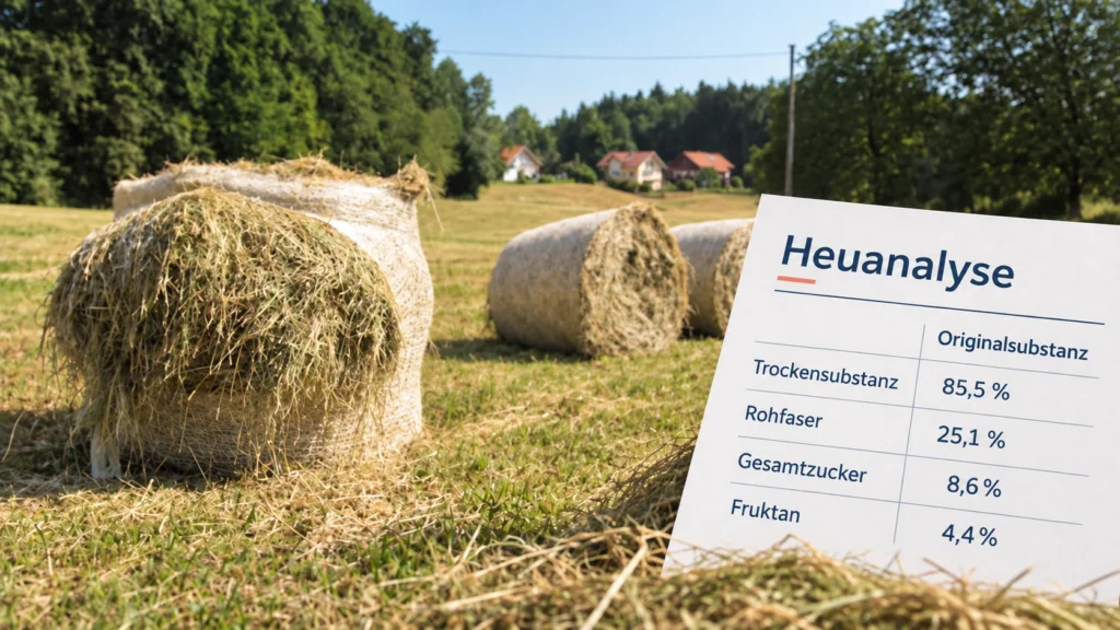 Heuernte mit Heuballen auf einer Wiese und mit einer Heuanalyse zur Veranschaulichung