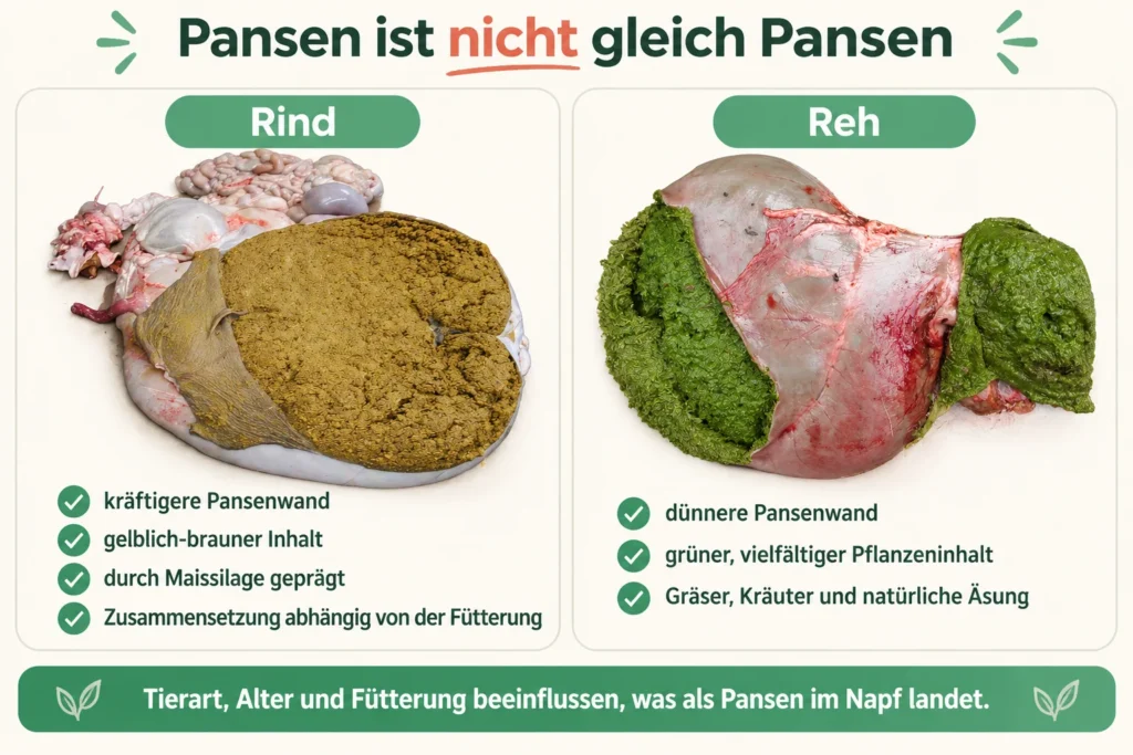 Geöffneter Rinderpansen mit gelblich-braunem Inhalt im Vergleich zu einem dünnwandigeren Rehpansen mit grünem Pflanzeninhalt