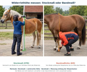 Vergleich der Widerristhöhe beim Pferd: Stockmaß senkrecht vom Boden und Bandmaß entlang der Körperkontur vom Widerrist zum Boden