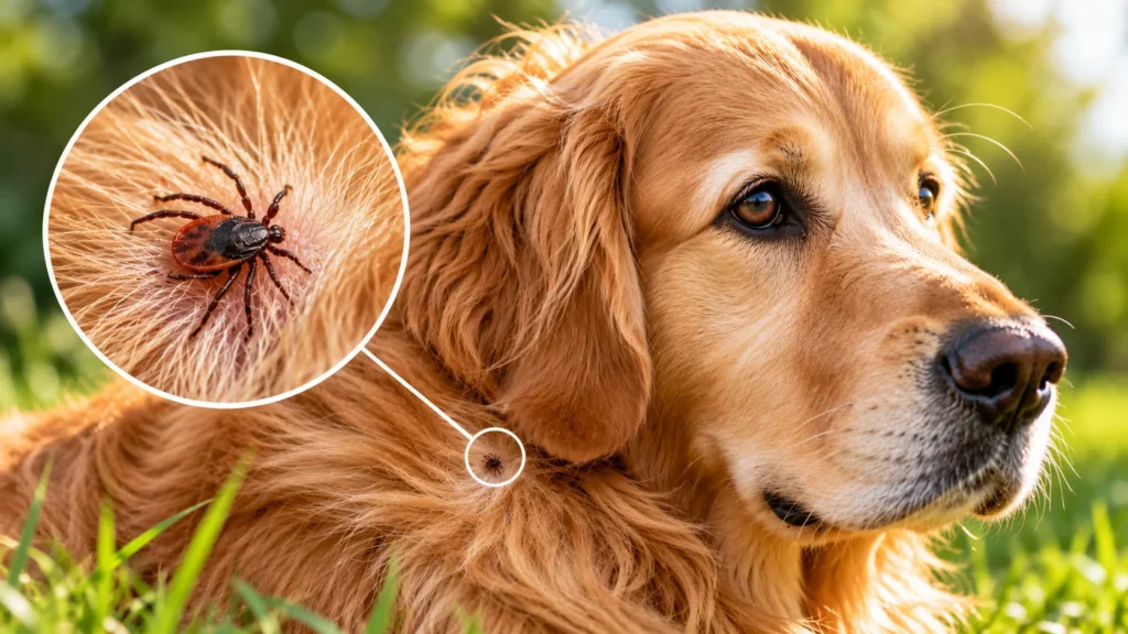Golden Retriever im Gras mit einer Zecke im Fell, die in einer vergrößerten Detailansicht gezeigt wird.