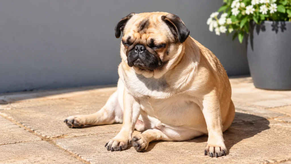 Übergewichtiger Mops sitzt auf einer Terrasse – Übergewicht bei Hunden erkennen