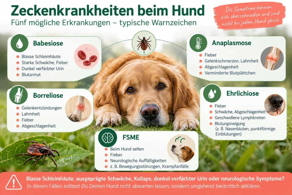 Zeckenkrankheiten beim Hund: Übersicht typischer Warnzeichen bei Babesiose, Borreliose, Anaplasmose, Ehrlichiose und FSME.